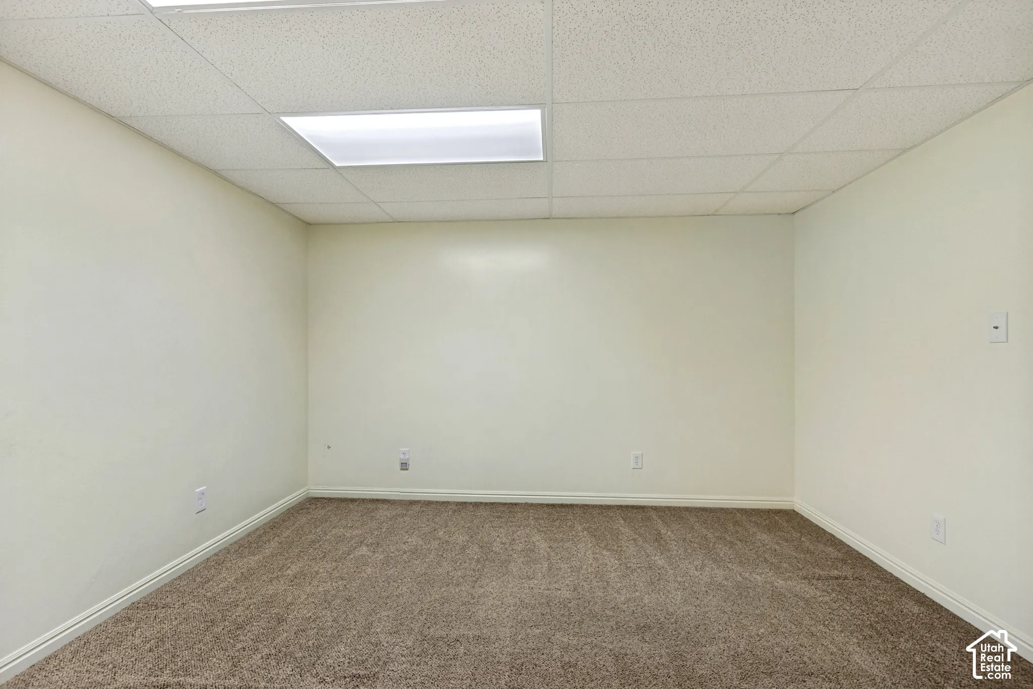 Recessed lighting, drop ceiling, wall-to-wall carpeting, and neutral wall tones