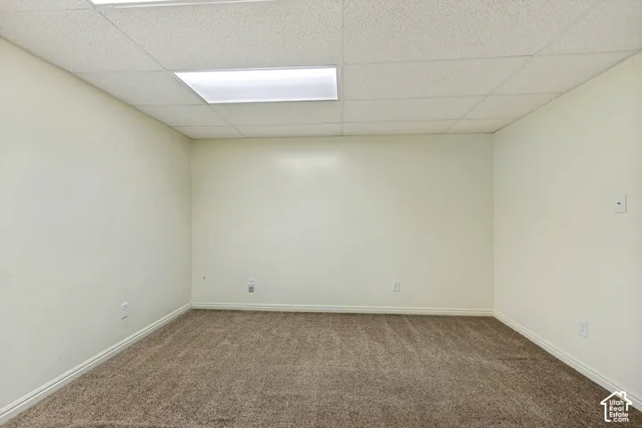Recessed lighting, drop ceiling, wall-to-wall carpeting, and neutral wall tones