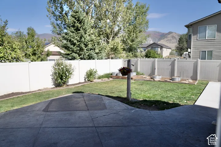 Expansive backyard featuring a stamped concrete patio, manicured lawn, and privacy fencing