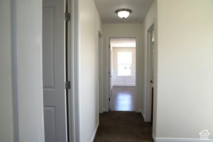 Hallway with neutral wall paint, flush-mount ceiling light, and brown carpeting