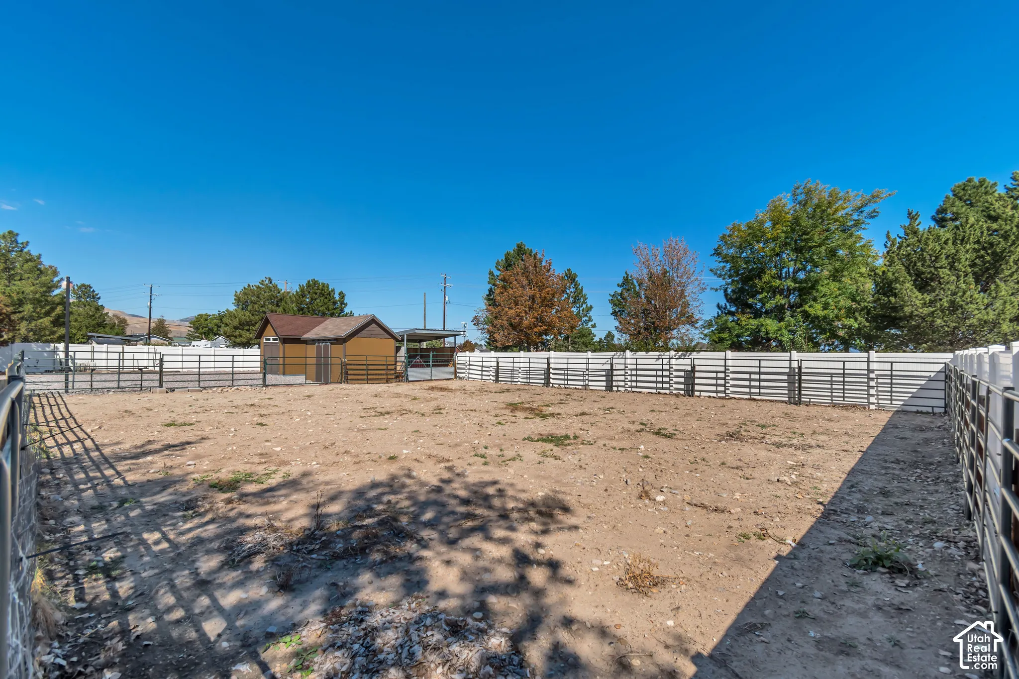 Expansive fenced outdoor area featuring a wood-sided structure with a brown roof, an open-sided shed, and mature trees along the perimeter