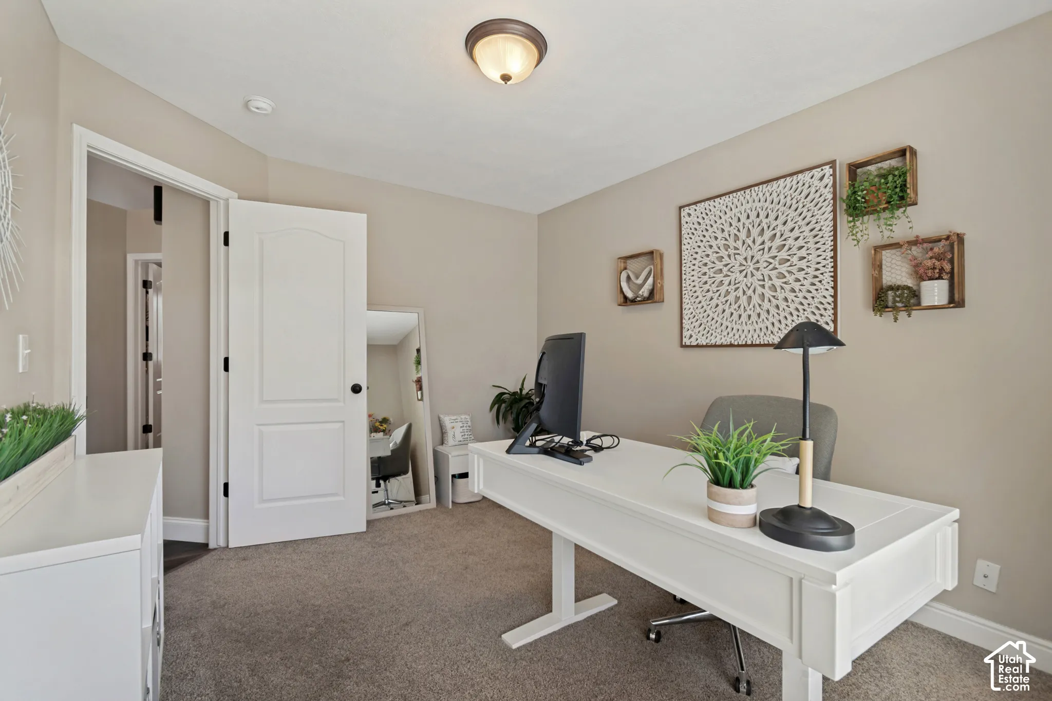 Neutral tone wall paint, flush mount ceiling light fixture, panel door, and carpet flooring