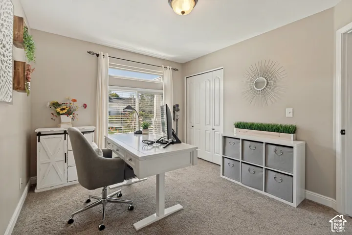 Carpeted room with a ceiling-mounted light fixture