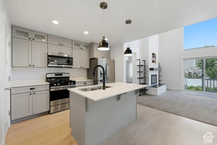 Kitchen featuring light gray cabinetry, stainless steel appliances, a center island with sink, and wood-finish flooring