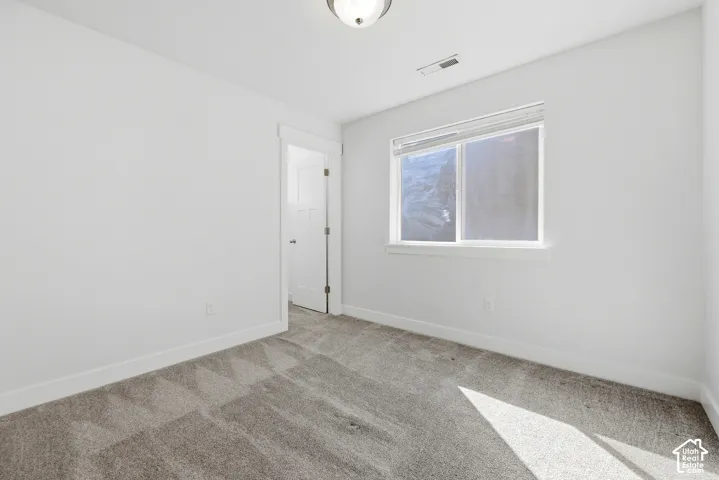 Wall-to-wall carpeting with a light-colored finish, a single window with blinds, and a ceiling-mounted light fixture