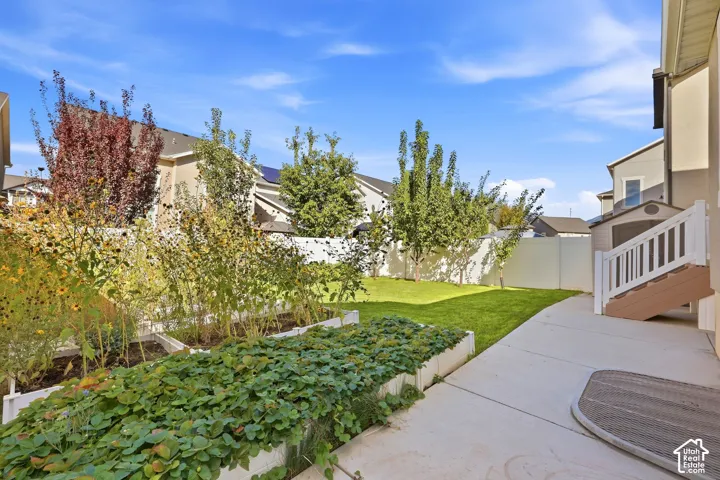 Expansive backyard featuring a concrete patio, raised garden beds, and a grassy area