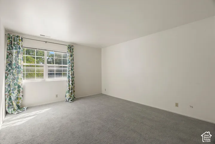 Room featuring light gray carpeting, neutral wall finishes, and a multi-pane window