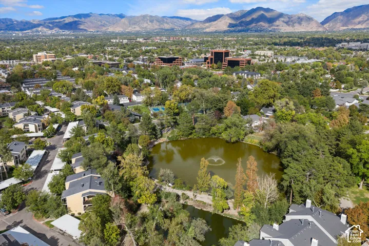 Aerial perspective showcasing residential buildings, a central pond with a fountain, and mature trees, all framed by distant mountains
