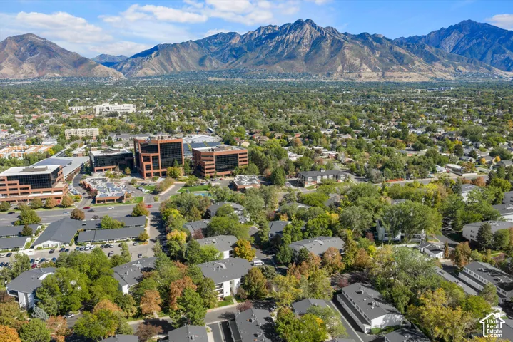 Expansive metropolitan surroundings with dense tree coverage and distant mountains