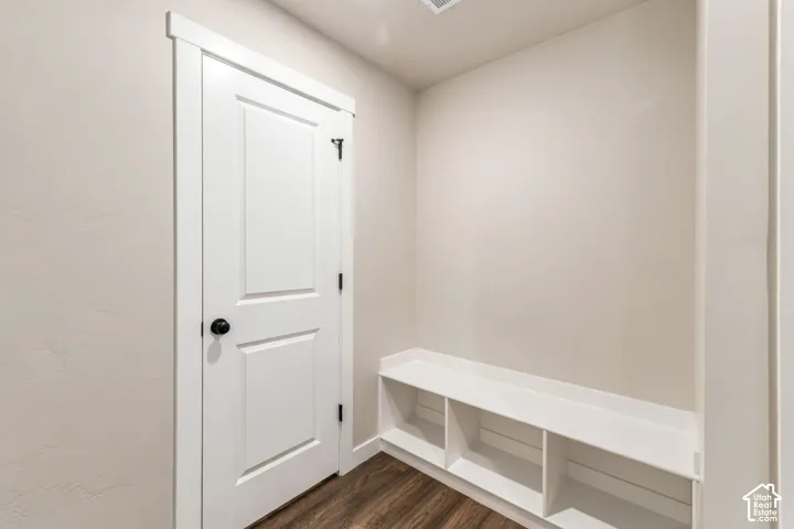 Built-in storage bench with shelving, wood-finish flooring, and a white interior door