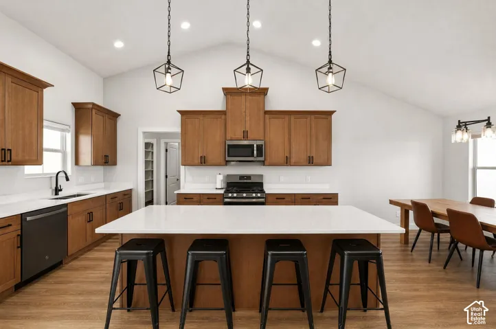 Vaulted ceilings, wood-finish flooring, stainless steel appliances, kitchen island with countertop seating, and matte black hardware