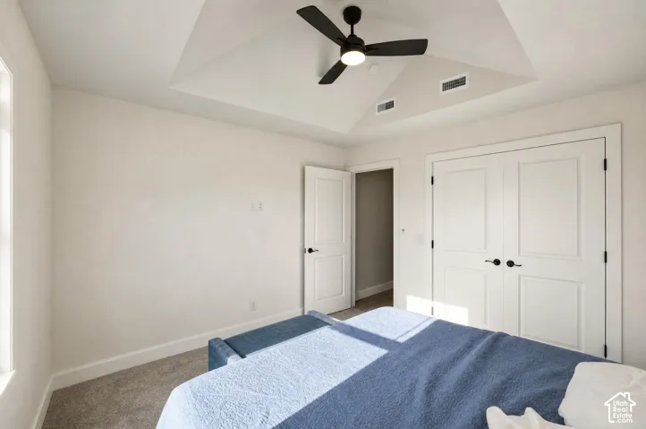 Tray ceiling with a black ceiling fan, white paneled doors, and gray carpeting
