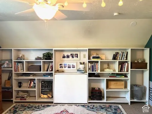 Built-in shelving unit with varied compartment sizes and a central, integrated cabinet