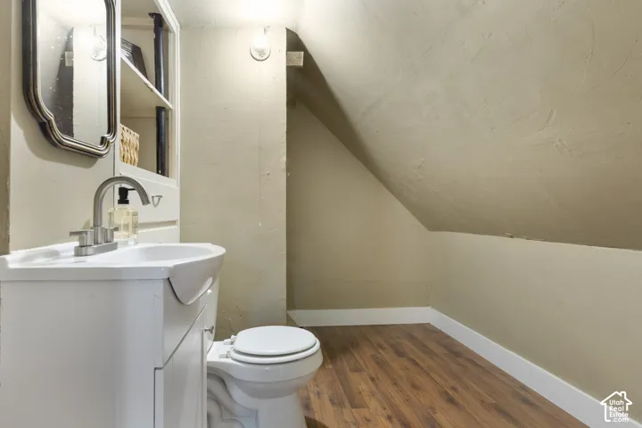 Vanity with integrated sink, built-in shelving, and wood-finish flooring