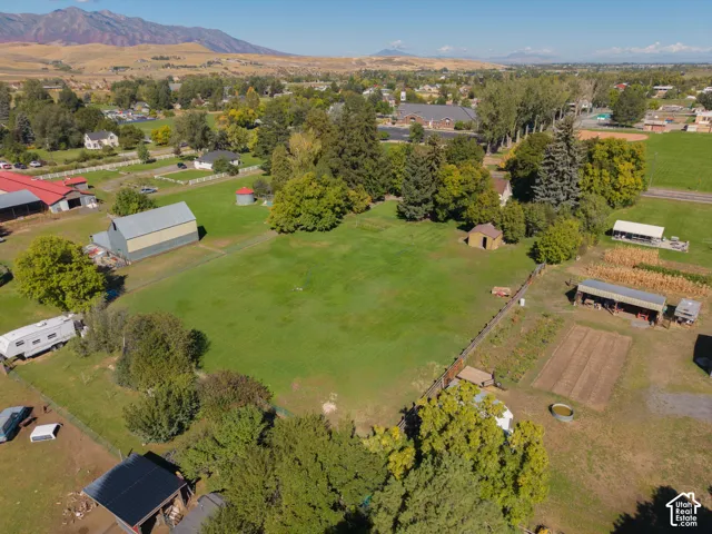 Expansive green space featuring a large barn, additional outbuilding, cultivated garden beds, and mature trees