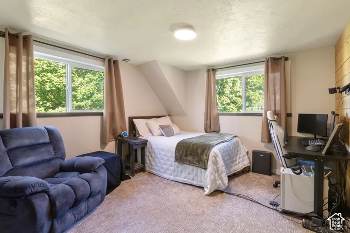 Dual windows with white frames, sloped ceiling detail, wood accent wall, and recessed ceiling lighting