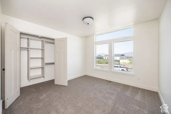 Carpeted room with a built-in closet featuring shelving and hanging rods