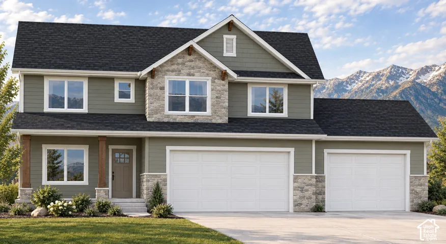 Contemporary exterior with stone and siding accents