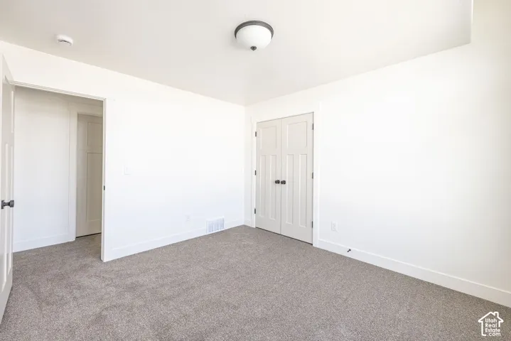 Spacious room featuring neutral carpeting, white walls, a flush-mount ceiling light, and panel doors with matte black hardware