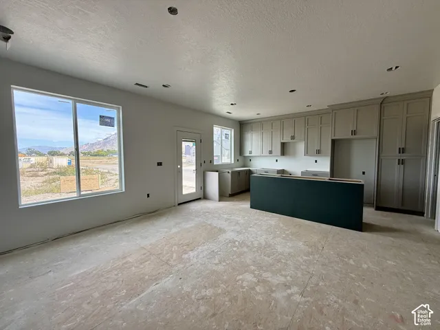 Spacious kitchen area featuring an expansive island, custom cabinetry, large window, and direct exterior access