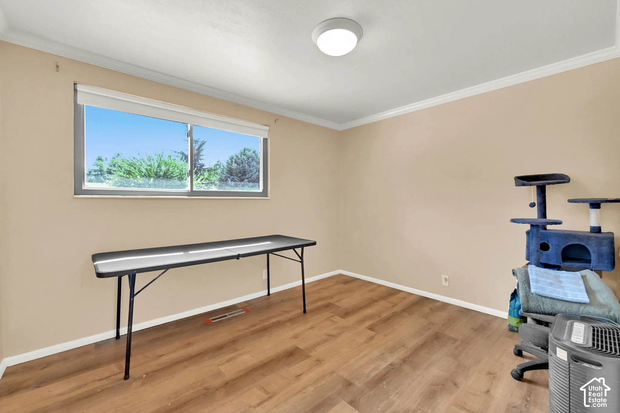 Wood-finish flooring, single window with roller shade, crown molding, flush mount ceiling light