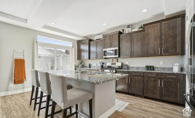 Kitchen featuring dark wood-finish cabinetry, speckled countertops, stainless steel appliances, and wood-finish flooring