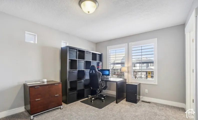 Recessed lighting fixture, light gray wall paint, carpeting, two transom windows, and two large windows with plantation shutters