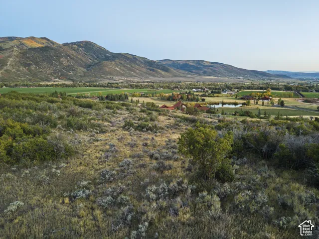 Mountain landscape with a valley, distant buildings, a body of water, and natural vegetation