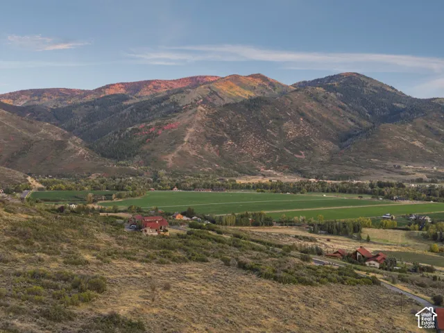 Expansive mountainous landscape with verdant valleys and distant residential properties