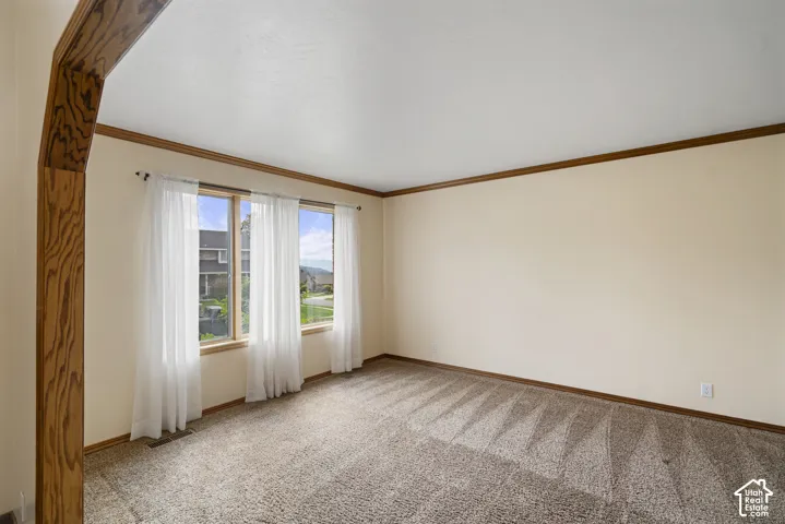 Spacious room featuring light-toned walls, wood-finish trim, and carpeted flooring