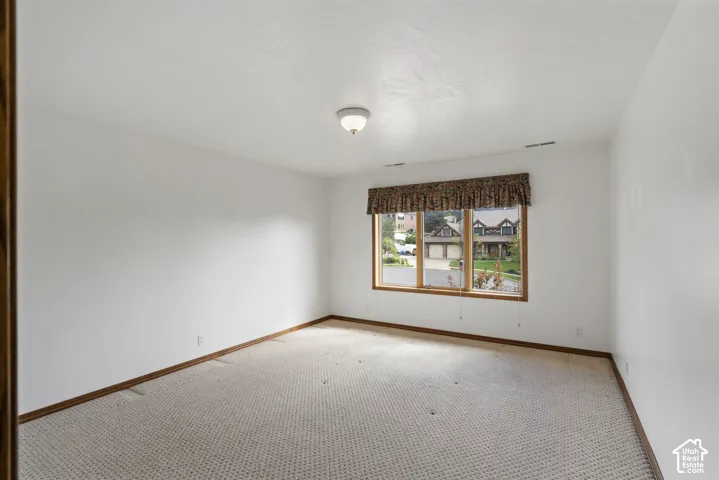 Carpeted room with white walls, wood-finish trim, and a ceiling-mounted light fixture