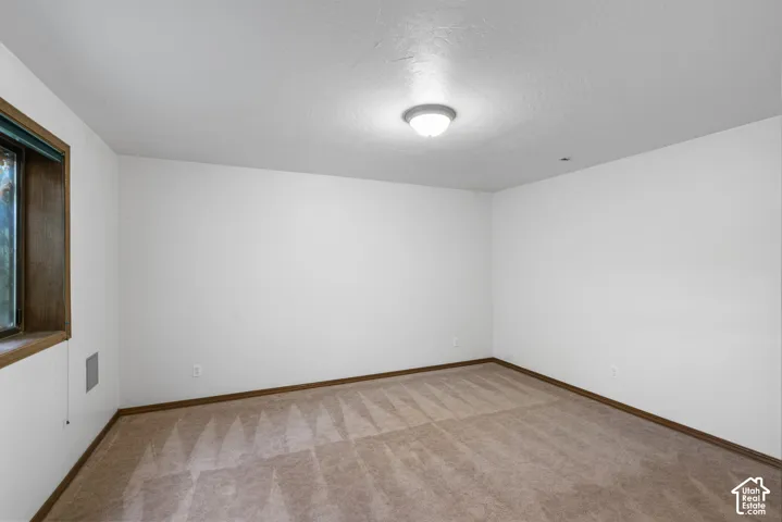 Carpeted room with white walls, a single window with wood trim, and a flush-mount ceiling light