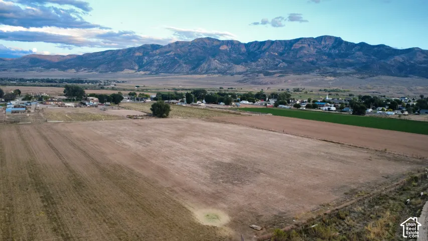 Expansive agricultural land featuring a verdant field and distant mountain range
