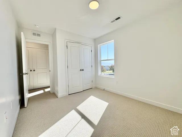 Neutral-toned carpet flooring, white walls, double-door closet, single window, and a flush mount ceiling light