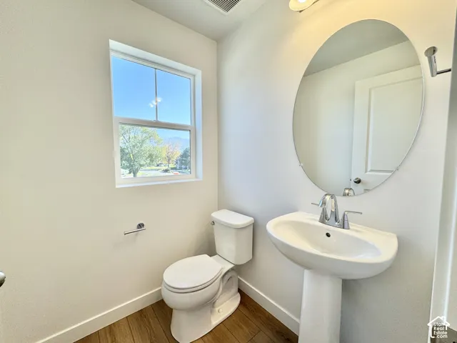 Pedestal sink with chrome faucet, oval mirror, and wood-finish flooring