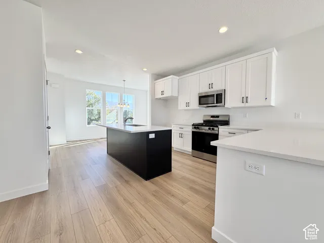 White shaker cabinets, stainless steel appliances, kitchen island with sink, light wood-finish flooring, and recessed lighting