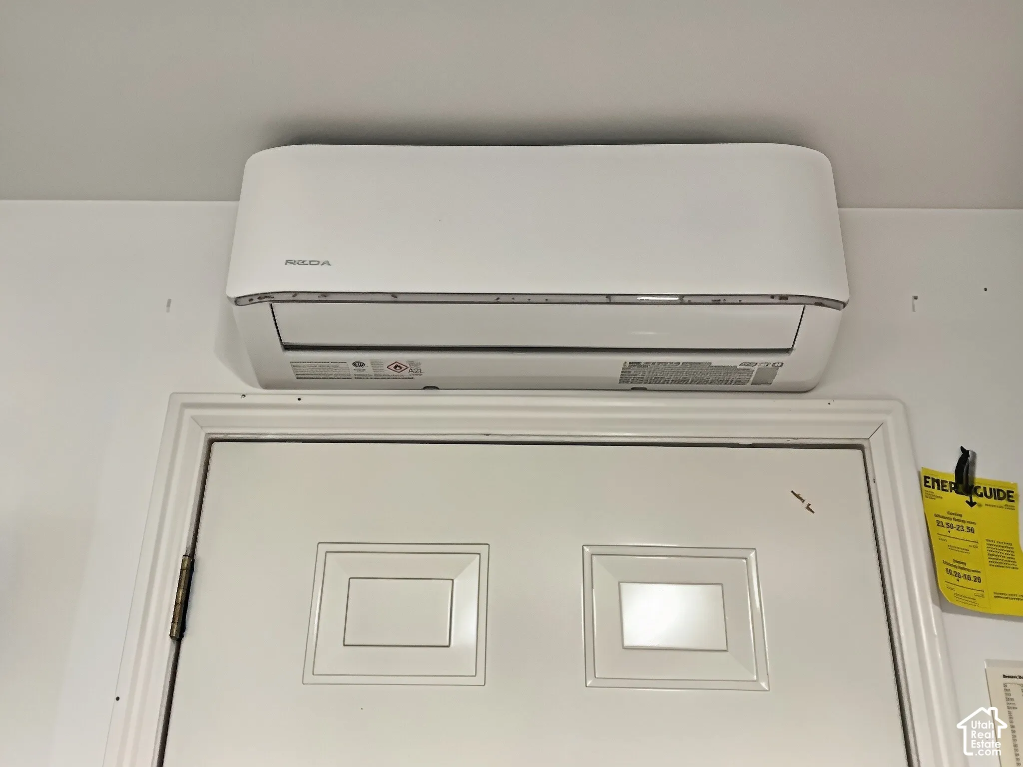 Wall-mounted air conditioning mini-split unit positioned above a paneled door in garage