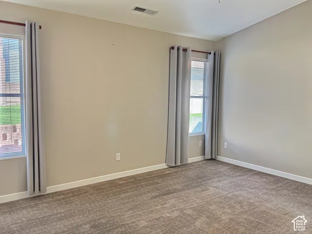Carpeted flooring, neutral wall color, and two windows