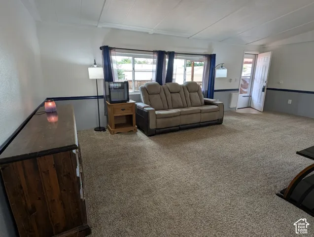 Expansive room with neutral carpeting and a two-tone wall finish
