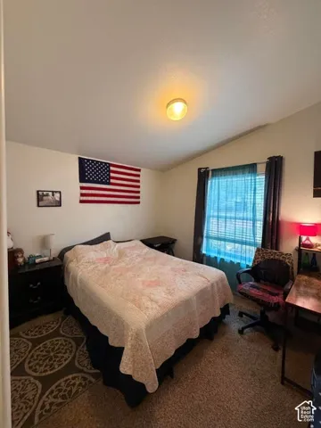 Comfortable bedroom featuring a ceiling-mounted light fixture, carpeted flooring with geometric patterning, black wood furniture, and large window with blue-tinted glass and dark curtain hardware