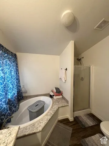 Spa-inspired primary bathroom featuring a soaking tub with granite surround, separate walk-in shower enclosure with frameless glass door, dual vanity with quartz countertop, and wood-finish flooring