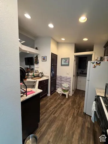 Efficient kitchen layout featuring dark cabinetry, wood-finish flooring throughout, recessed ceiling lighting, and stainless steel appliances