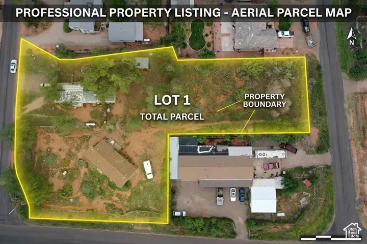 Professional Property Listing - Aerial Parcel Map. Illustrating the property boundary of Lot 1 within the total parcel