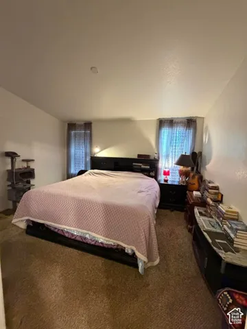 Spacious bedroom with vaulted ceiling, dual windows with natural light, and neutral carpet flooring throughout