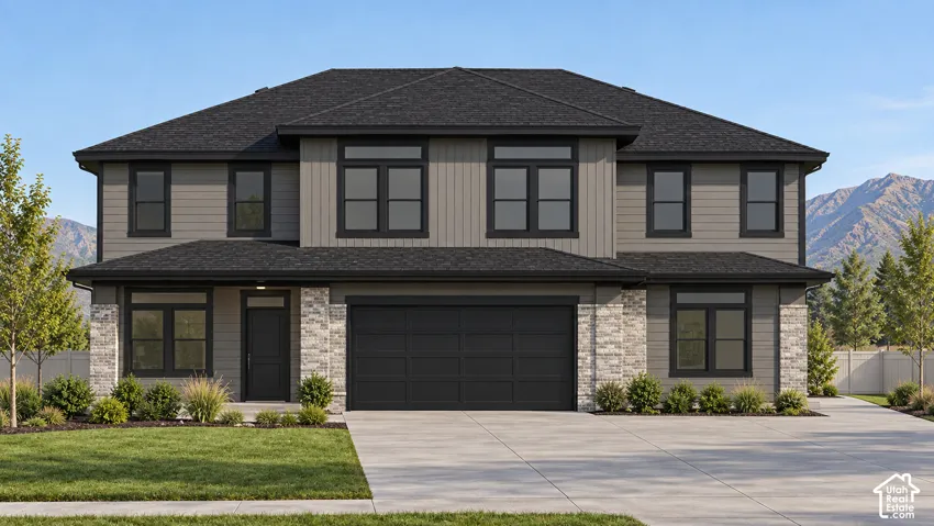 Contemporary two-story exterior with stone and siding accents, dark-framed windows, and an attached two-car garage