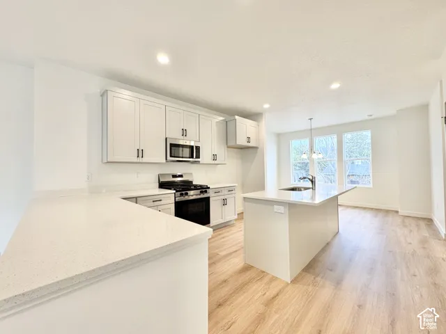 Kitchen featuring light wood-finish flooring, white cabinetry, integrated stainless steel appliances, a center island with an undermount sink, and recessed lighting