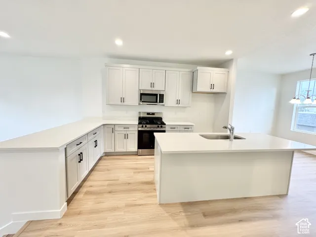 Kitchen featuring light wood-finish flooring, white cabinetry with dark hardware, stainless steel appliances, white countertops, and recessed lighting