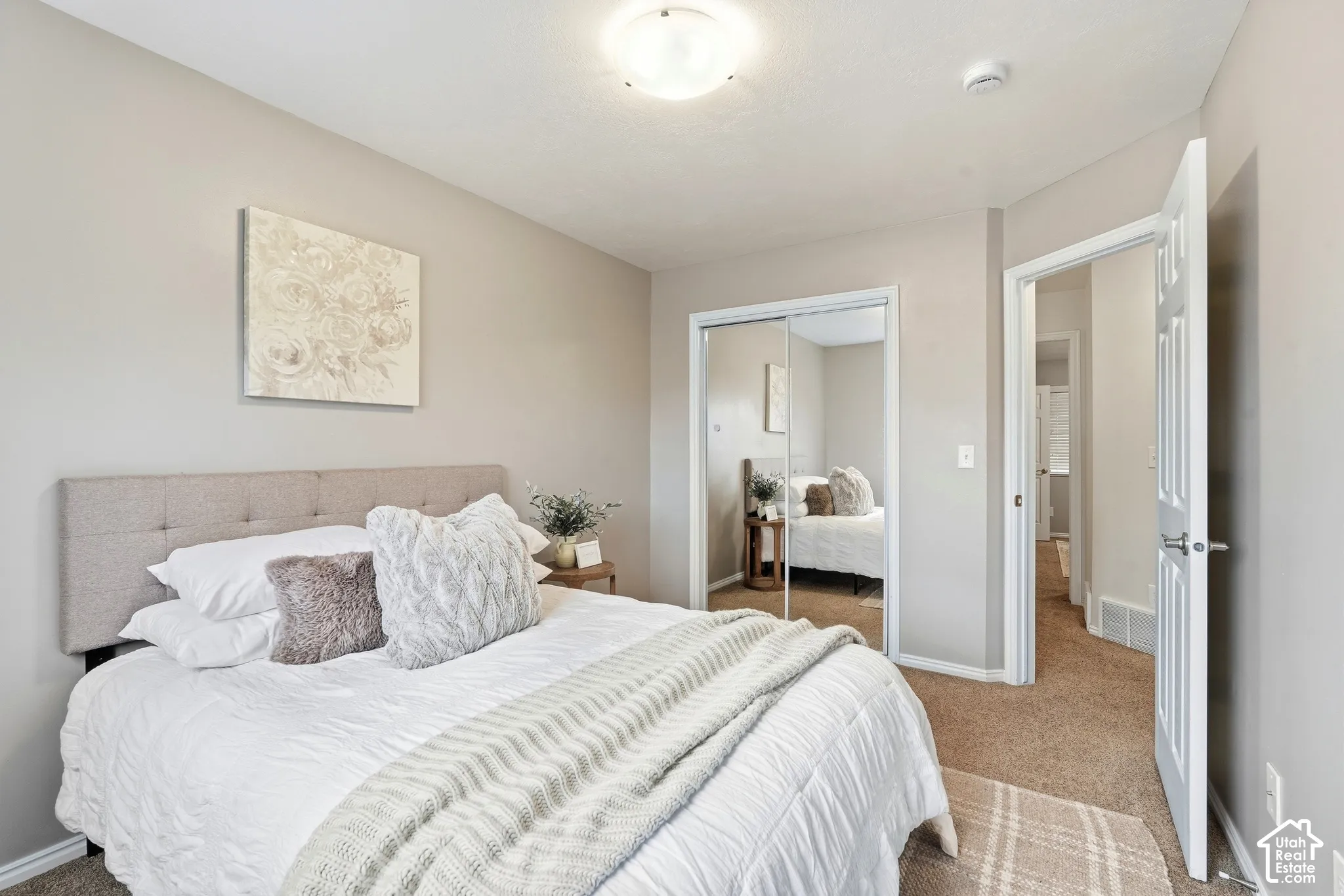 Neutral-toned wall paint, carpeted flooring, white trim, mirrored closet doors.