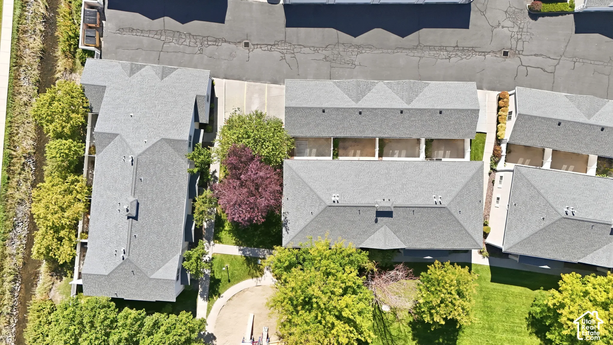 Townhome community featuring multi-level units with gray shingle roofs, private patios, and lush green landscaping