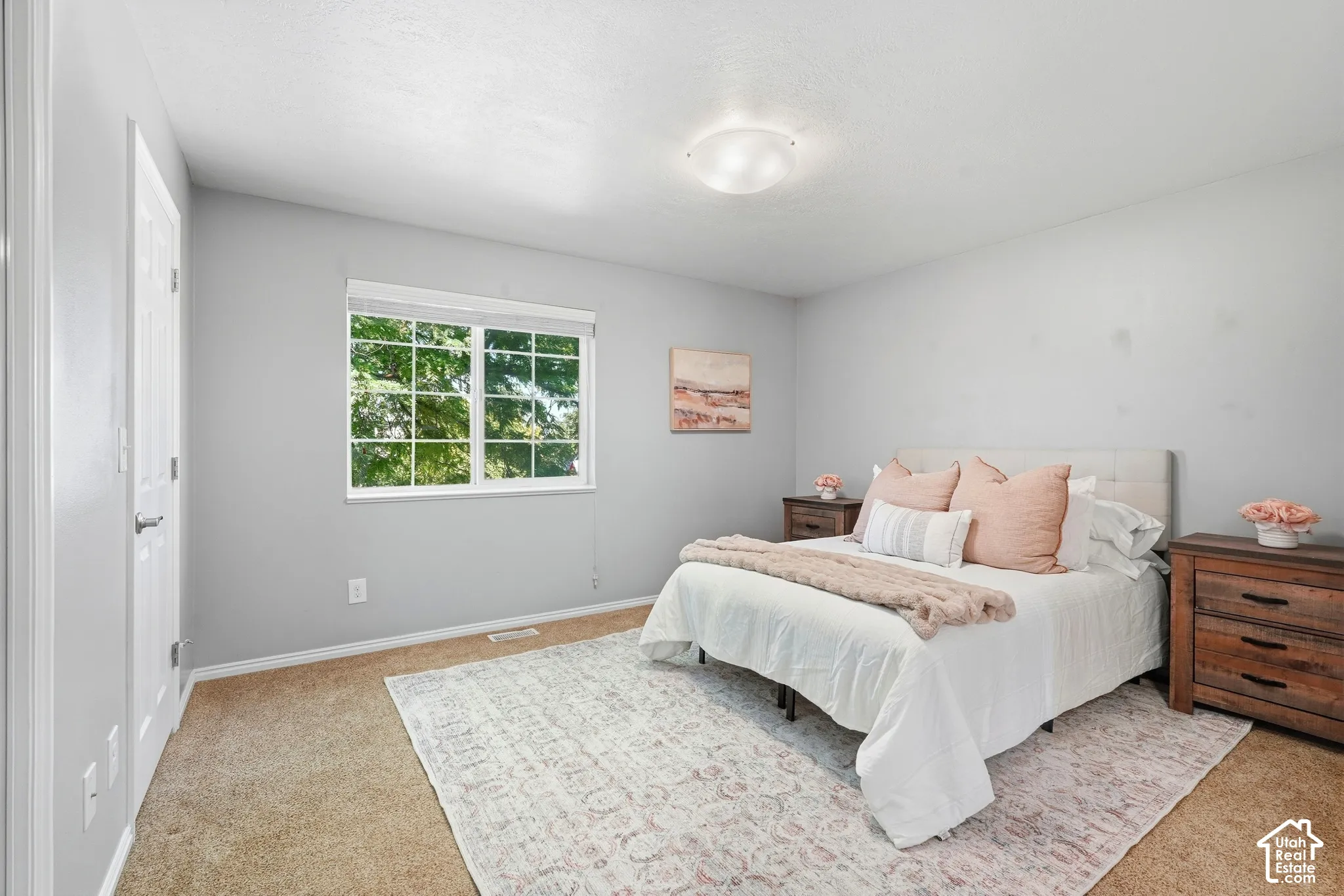 Carpeted flooring, white walls, and a multi-pane window